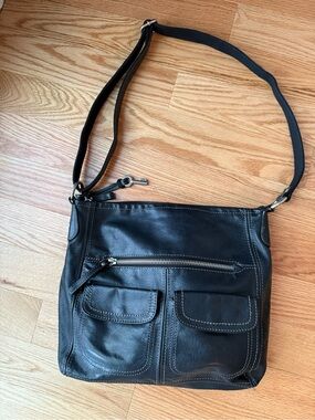 Fossil Genuine Leather Black Hobo Shoulder Bag Vintage Y2K Multi Pocket Purse